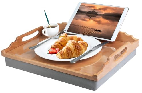 DRELIFAM Knietablett mit Kissen, Betttablett aus Holz zum Essen, Knietablett in Liege, Frühstückstablett, Fernseher, Abendessen, Bett, Lebensmitteltabletts (Buchenholz)