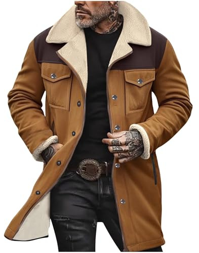 Mrat Veste Jakcet en polaire pour homme - Style vintage - En daim - Rembourrée - Col cranté - Doublure en polaire - Manteau matelassé multi-poches - Jakcet Sherpa - Trench d'extérieur décontracté et