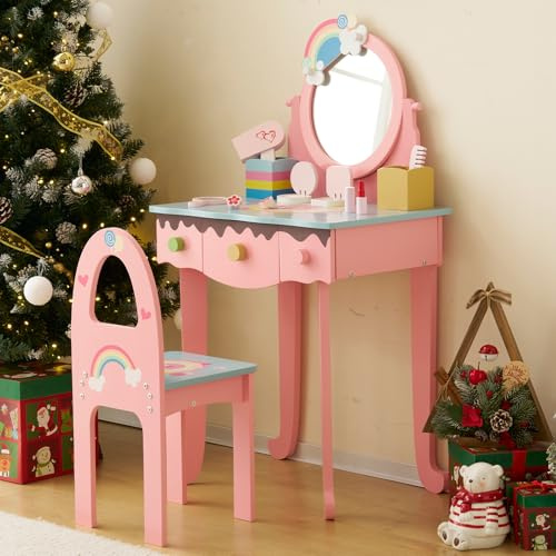 LALAHO Schminktisch Kinder mit Hocker Frisiertisch Kinderschminktisch für 7 | Mädchen Frisierkommode mit Schublade mit Pretend Play Makeup Toys (Rosa)