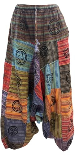 Pantaloni Harem da donna Patchwork Multicolore, pantaloni larghi, cotone, pantaloni multicolore in Patchwork con motivi di pace, Patchwork, Taglia unica