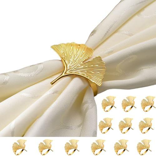 Set mit 12 Serviettenringen, Stoffserviettenhalter-Ringe, Serviettenringe, fächerförmige Blatt-Serviettenschnallen für Tischdekoration, Hochzeit, Party, Urlaub, Bankett (Gold, 5.8x4.8CM)