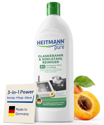 HEITMANN pure Glaskeramik- und Edelstahlreiniger 250 ml | Ceranfeldreiniger für Ceranfeld & Cerankochfeld | Glaskeramik Reiniger & Edelstahlreiniger Küche 3 in 1 mit Abperl-Effekt