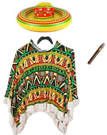Adults Mens Womens Mexican Fancy Dress Costume with Inflatable Sombrero - Poncho Moustache Day of the Dead Halloween Outfit
