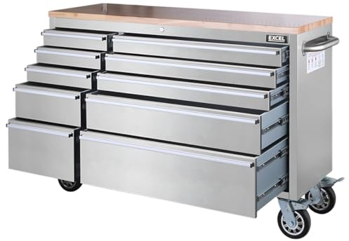 Excel 55 Stainless Steel Roller Tool Cabinet & Workbench with 10 Drawers, Heavy Duty Garage & Workshop Tool Storage