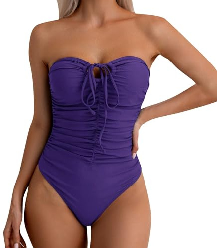 Dam Tummy Control Bandeau Badkläder En-delad Simdräkt Damer Enfärgad Plisserad Remlös Baddräkt med Framförbunden Två-i-Ett Halsband 2025, Lila, M