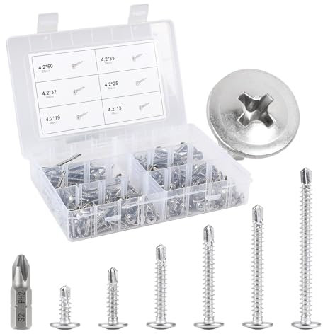 CPROSP 210 Stück Selbstschneidende Schrauben M4,2*50 mm 38 mm 32 mm 25 mm 19 mm 13 mm, Rundkopfschrauben Kreuzschlitzschrauben, Blechschrauben Set, Bohrschrauben Senkkopf, Kein Vorbohren Erforderlich