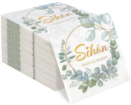 80 Stück Komoke Servietten Schön dass du da bist in eukalyptus grün | 3-lagige Papierservietten 32x32 cm | Für Geburtstag, Hochzeit, Taufe & Kommunion | Elegante Tischdeko mit Blattmuster | Salbeigrün