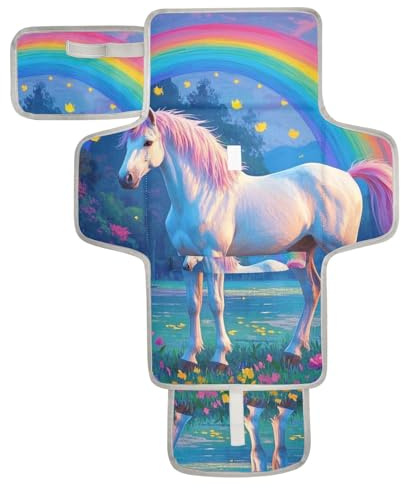 Wiederverwendbare Wickelunterlage mit Cartoon-Motiv und weißen Regenbogen-Einhörnern, mit Taschentasche, Wickelunterlage, für Mädchen und Jungen, Cambiadores de pa?ales para Bebes