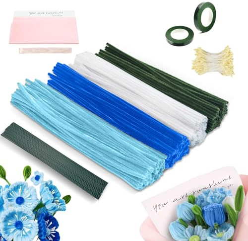 Pfeifenreiniger Blumen Set, 425 Stück Pfeifenputzer Zum Basteln 4 Farben Pipe Cleaner mit 25 Stück Grünem Bastelfaden, Staubgefäße, Geschenkband, Klebeband, DIY Weihnachts Geschenk