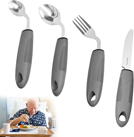 Juego de cubiertos de Parkinson de 4 piezas, antivibración, tenedor y cuchara angulados de 42°, cubiertos pesados para temblores, para personas con discapacidad, pacientes ancianos (mano R)