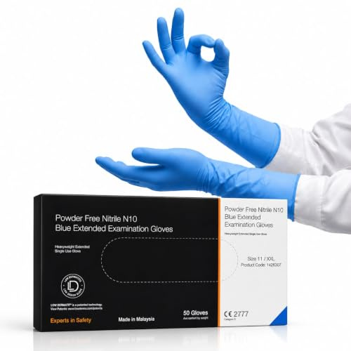 50 Long Cuff Nitrile Gloves XXL Blue Disposable Heavy Duty Powder Free | Latex free, extended sleeve covers wrist and forearm, textured grip, tear resistant, for industrial, cleaning and care use