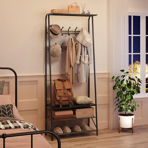 Coat Rack Stand, 3-in-1 Freestanding Hall Tree with Shoe Storage Bench & Double Row Hooks, 60cm Industrial Metal Frame Entryway Storage Shelf for Living Room Bedroom Hallway Entryway Apartment - black
