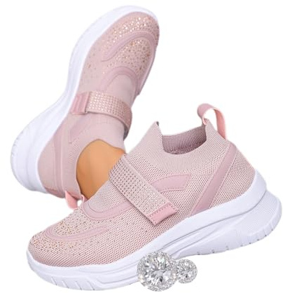 Baskets orthopédiques en tricot avec strass pour femme, baskets à plateforme orthopédique, en maille respirante à enfiler, chaussures de tennis de mariage pour mariée, rose, 38.5 EU