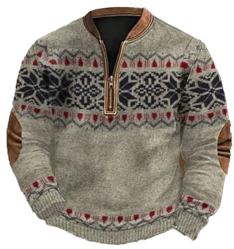 Generic Men's Norwegian-Style Knitted Jumper - Troyer with Zip and Elbow Patches | Traditional Winter Jumper for Men, XXL