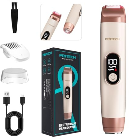 PRITECH Recortadora de bikini para mujer, maquinilla de afeitar eléctrica 2 en 1 sin dolor para piel de seda, afeitadora portátil para mujer, área privada, cara, piernas y axilas, LED húmedo/seco