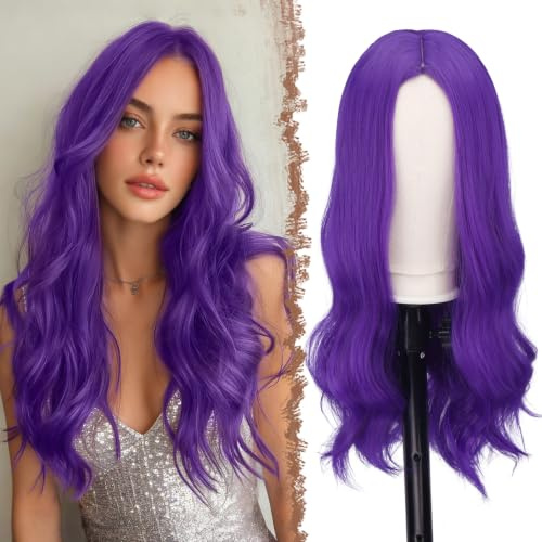 FESHFEN Pelucas Largas Onduladas Lila Oscuro Pelo Largo Pelucas Despedida Separación Media Peluca Sintética para Mujeres Pelucas de Cabello Fiesta Halloween 60cm