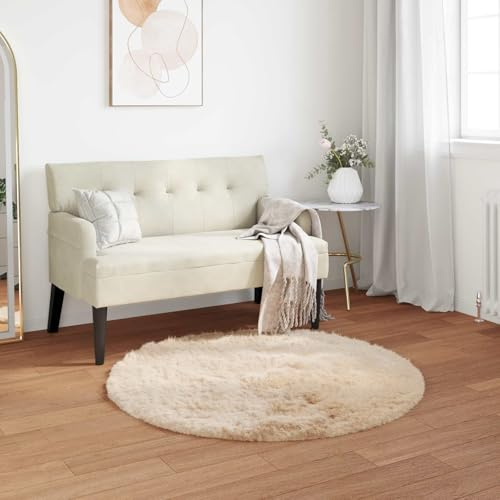 Tonture Kunstschaffell Flokati Tafalla Beige 100 cm Durchmesser, runder Polyester Teppich für Wohnzimmer, Schlafzimmer, Deko, Boden, Esszimmer, extra weich & gemütlich