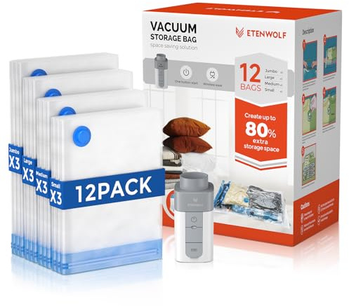 ETENWOLF 12 Pack Vacuum Storage Bags With Rechargeable Wireless Pump | Vacuum Seal Bags for Clothes and Travel, Space Saver Bags in Multiple Carry-On Sizes, Perfect for Luggage and Suitcases