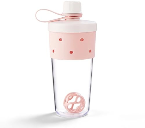 X SIM FITNESSX Protein Shaker Botella con bola batidora transparente con asa de 630 ml (rosa)