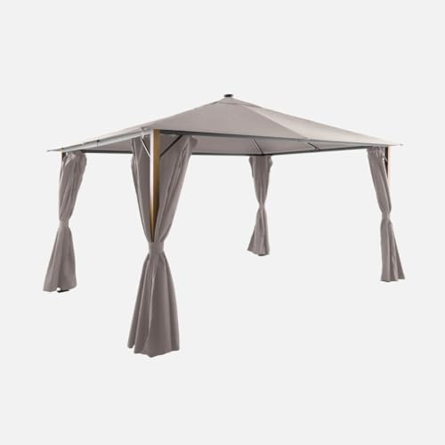 sweeek-Gazebo de jardín 3x4m de Aluminio Efecto Madera con Cortinas y led Beige - 399x299x286 cm