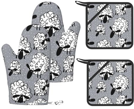 Pecora divertente,Set di 4 presine e guanti da forno antiscivolo, guanti da cucina resistenti al calore per forno.