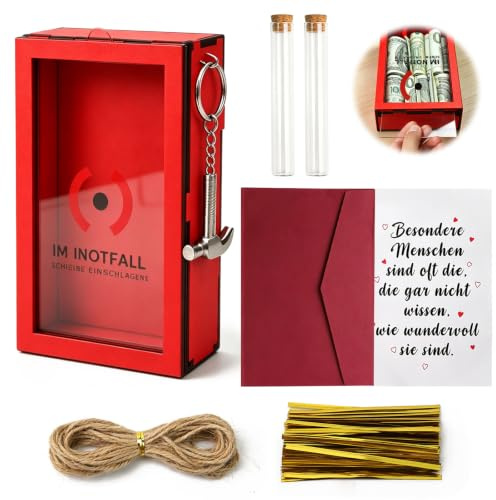 Divertente scatola di emergenza con martello, scatola regalo fai da te in legno per compleanno, regalo di compleanno per uomini e donne, con biglietto di estrazione, busta, 2 tubi di vetro, corda di