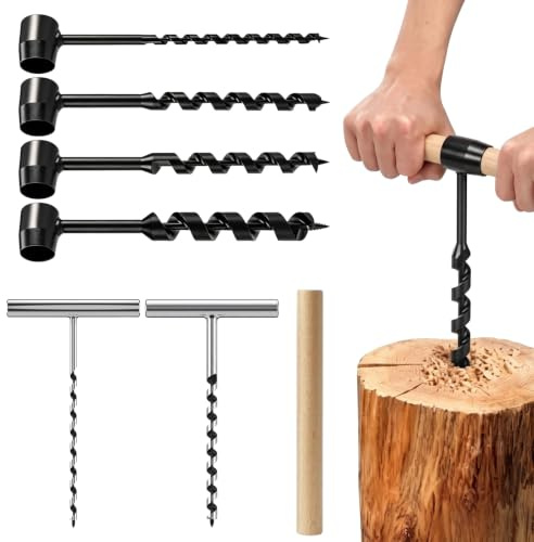 Set de Forets Manuelles Bushcraft 6 Pièces 6/8/10/16/19/25×230 mm | Set de Forets Bushcraft avec Manche en Bois, Forets Serpent et Forets en T, Outil Manuel Pour Camping, Plein Air et DIY