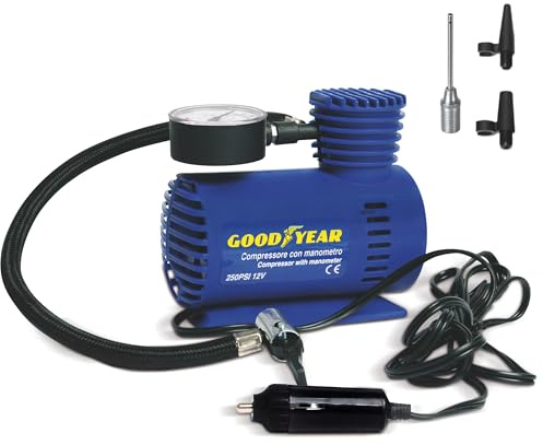 Goodyear Compressore con Manometro 12V 250 PSI, per Auto, Moto, Bici e Attrezzature Sportive, con 4 Accessori inclusi, Attacco Presa Accendisigari, Compressore Portatile