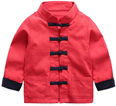Mud Kingdom Little Boys New Years Chines Tang for Boy Button Down Jacket Long Sleeve Retro Outerwear Traditional Festival Clothes Linen Red 7-8 Years