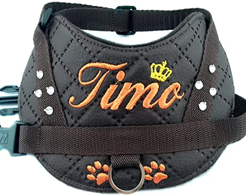 Hundegeschirr S M L XL XXL mit Wunsch Namen bestickt Kunstleder braun orange mit Glitzer