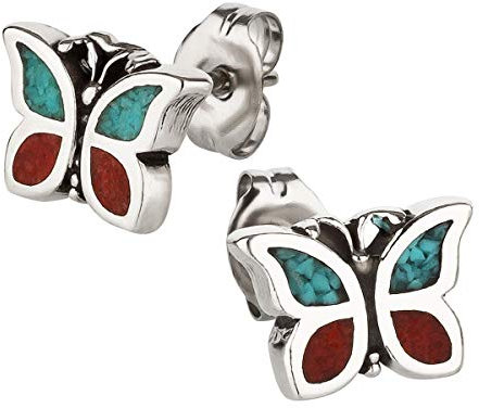 Ohrstecker Ohrringe Schmetterling Silber 925 Sterling Türkis Koralle Inlay als Ohrschmuck mit kleiner Schmuckbox - 7K - Indianer Schmuck Geschenke für Damen, Mädchen, Jungen, Kinder und Herren