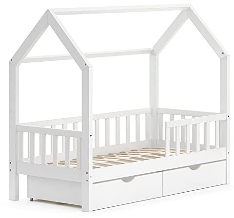 VitaliSpa Hausbett 80x160 cm Wiki mit 2 Schubladen - Weiß 86x150x87 cm aus Holz - Bett platzsparend für Kinderzimmer, für einen ruhigen und sicheren Schlaf