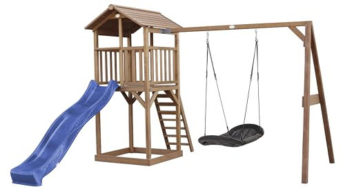 AXI Beach Tower parco giochi in legno in marrone | Torre di gioco per bambini con sabbiera, altalena a nido e scivolo blu | Casa per bambini su palafitte per il giardino