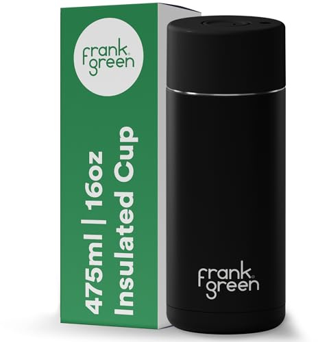 frank green Insulated Travel Mug for Cold Or Hot Drinks - 475ml/16oz Reusable Coffee Cup with Push-Button Lid, Ceramic Lined, Triple Wall Vacuum - Midnight Black