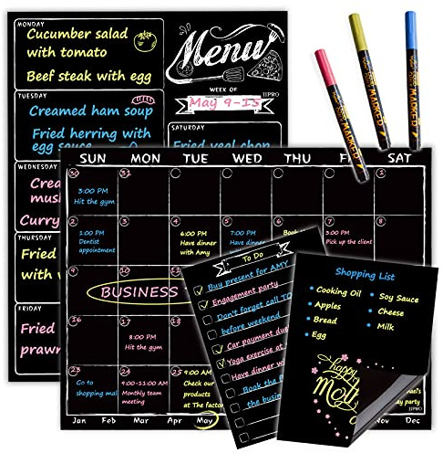 Magnetic Chalkboard Monthly Calendar - Weekly Meal Planning Blackboard Combo Set with Neon Bright Liquid Chalk Markers - Bonus Grocery List and Notepad Blackboard for Refrigerator Included