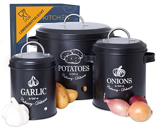 HIKITCHEN® Vorratsbehälter-Set für länger frisches Gemüse (schwarz) - Stilvolle Kartoffel-, Knoblauch- und Zwiebel-box/topf - Gemüsebehälter