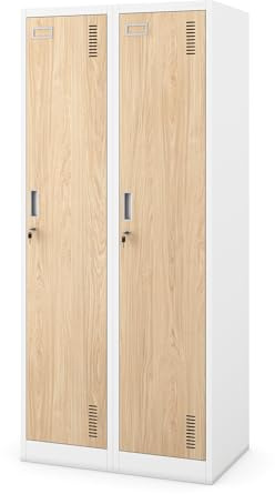Taquilla Doble Armario Vestuario 2B1A Metalico Puertas con bisagras Ranuras de ventilación Pintura en Polvo Pared divisoria 180 cm x 80 cm x 50 cm (Aspecto de madera blanca)