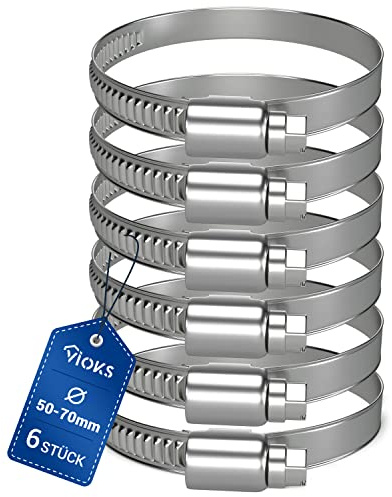 VIOKS Schlauchschellen Schelle SET 6x Schlauchschellen 50-70mm Ø/Schlauchschellen Edelstahl / 9 mm Bandbreite/Waschmaschine Abfluss Adapter/Schlauchschelle/Rohrschellen 50mm für Schlauch