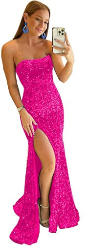 N/ C SAYNO - Vestidos de graduación para adolescentes, sin tirantes, con lentejuelas, vestido formal de fiesta de noche con cola, fucsia, 52