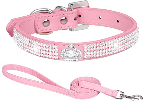 HALFSUMO Hundehalsband Leder Halsband Hund Lederhalsband Hund Funkelnd Hundehalsbänder mit Strasssteinen Besetzt für Haustiere Welpen Katzen Kombi-Set mit Leine Rosa XS C008