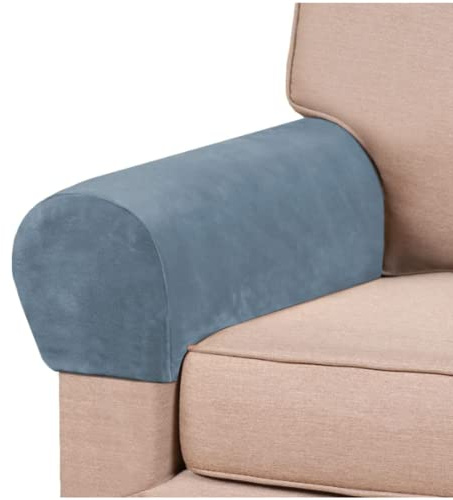 GAMUKAI 2 Pack Velvet Stretch Armrest Covers - Non Slip Sofa Chair Covers, Soft Elastic Arm Protectors for Living Room Couch, Office Chair, Recliner (Dusty Blue)