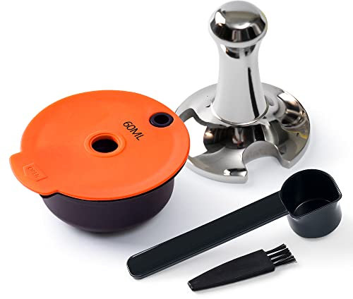 Refillable Tas simo Pods Reusable Coffee Discs for Bosch Coffee Maker, BENFUCHEN Coffee Pods for Tas simo Machines with A Stainless Steel Espresso Hand Tamper Coffee Filling Tool 51mm, Orange 60ML