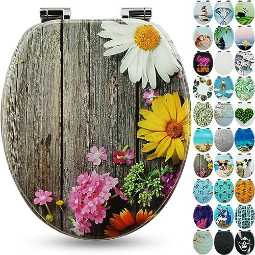 SANFINO® Premium WC Sitz mit Absenkautomatik – hochwertige Toilettendeckel aus Holz, viele bunte Motive, hoher Sitzkomfort, einfache Montage inklusive Montageanleitung – Alp Meadow