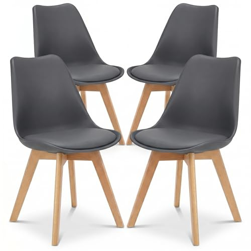 Bravich Set Of 4 Rocco Dining Chairs- Grey. Faux Leather Upholstered Dining Chair With Natural Wooden Legs, Cushion Pad Seat & Back Support For Kitchen Table- 42 x 42 x 81cm.