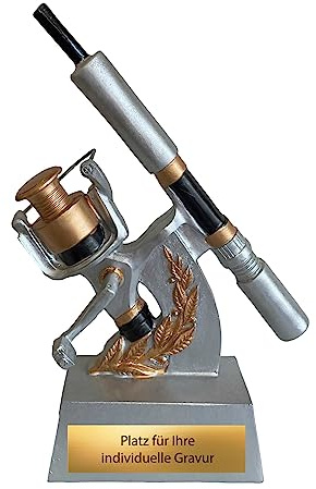 eberin Angel-Pokal 20,5 cm - Fischer Trophaee Resinfigur mit Wunschgravur | Detaillierte Angler-Figur mit Karpfen auf schwarzem Sockel, ideal fuer Angelvereine und Wettbewerbe, inklusive Wunschtext.