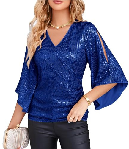 GRACE KARIN Blusa da Donna con Paillettes, Maniche Lunghe, Scollo Tondo, vestibilità Morbida, Casual, Elegante, Sexy, per Occasioni estive, Colore Blu Reale, Taglia M.