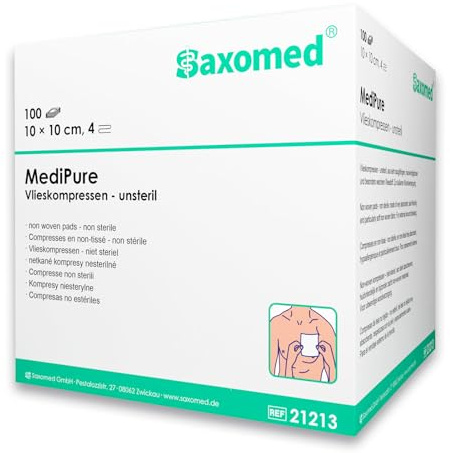 Saxomed Garze non sterili per medicazione 10 x 10 cm tessuto non tessuto - 100 pezzi garza autoadesiva 4 strati - compresse di garza 10 x 10 - per ferite esterne