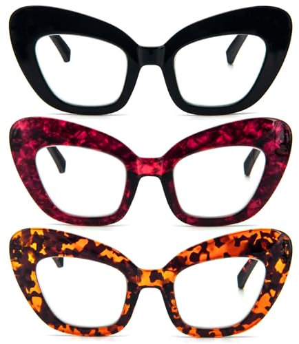 KoKoBin Confezione da 3 Occhiali da lettura oversize Occhi di gatto da donna con cerniere a molla Occhiali per computer che bloccano la anti luce blu (Confezione da 3, 1.5)