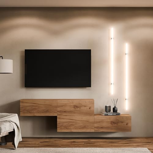 Planetmöbel TV Schrank 280 cm Wohnwand Lowboard Set | Fernseher 65 Zoll, Wohnzimmer Fernsehtisch viel Stauraum, hängend, 2x Fernsehschrank 140 x 30 x 37,5 cm, gold eiche