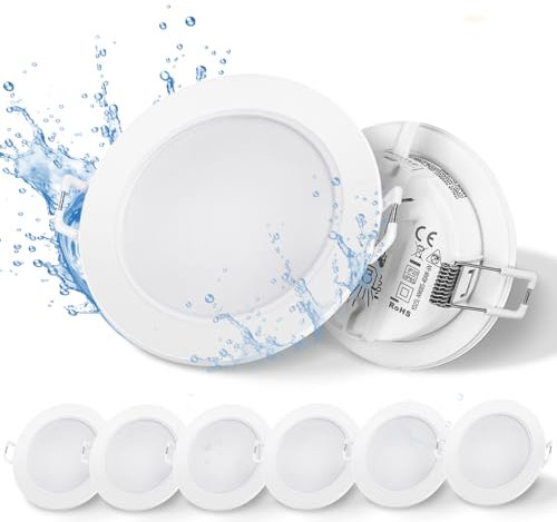 Aigostar LED Recessed Ceiling Lights, IP65 Bathroom Lights, 4.8W 520LM LED Downlights Ceiling Warm White 3000K, Waterproof Spotlights Ceiling Lights for Bathroom Kitchen Hallway, Cutout Ø68mm 6 Pack